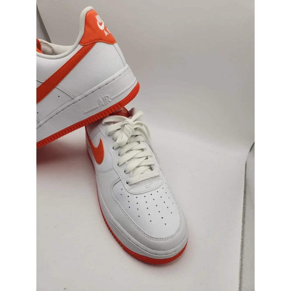 Nike Air Force 1 Low Top Men's Sneaker White/Orange Leather Lace-Up Rubber 9 1/2
